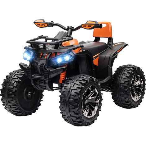 Voiture enfant 12V électrique orange, marche avant/arrière, lecteur MP3, phares, vitesse 3-8 km/h