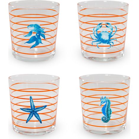 WD LifeStyle Set 4 Bicchieri in Vetro 300 Ml Decoro Mare con Righe Arancioni