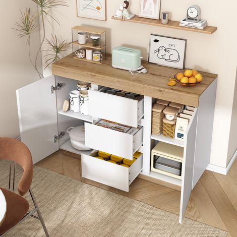 Comodino a 3 cassetti e 2 ante, 120,5 x 40,2 x 82,5 cm, bianco e rovere, con ripiano DESVIAE (1/5)