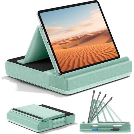 Coussin de Support pour Tablette, Coussin Tablette à Angle Réglable, Support ipad Pliable, Porte Ipad Lit avec Porte Stylet pour ipad Pro 12,9 10.5 11 Air Mini, Téléphones, Livres, Vert (1/5)