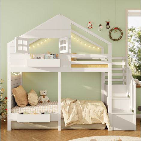 Kinder-Hochbett 90 x 200 cm Weiß Holz, Stauraumtreppe, platzsparend, ohne Matratze – MEUBLIV (1/5)
