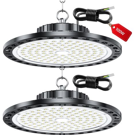 Projecteur LED Industriel - 2 Pack 100W 10000LM High Bay Eclairage Atelier avec Transformateur, IP65 Étanche Plafonnier LED, 6500k Blanc Froid Lampe Atelier pour Garage Usine Boutique (1/5)