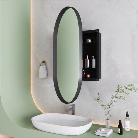 Armario espejo ovalado de pared con estantes negro OKMYHOME (1/5)