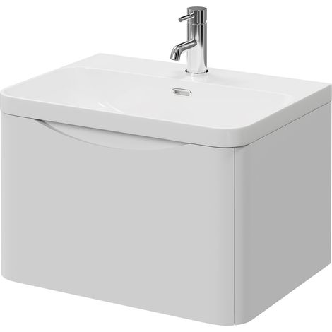 Vela Satin White 600mm Wall Mounted Single Drawer Vanity Unit with Fina Basin (1/5)