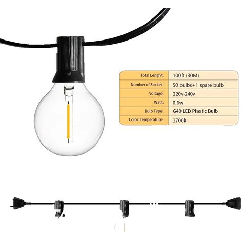Guirnalda de luces LED G40 para jardín, luz blanca cálida de 2700K, bombillas de plástico, resistente al agua. (1/2)