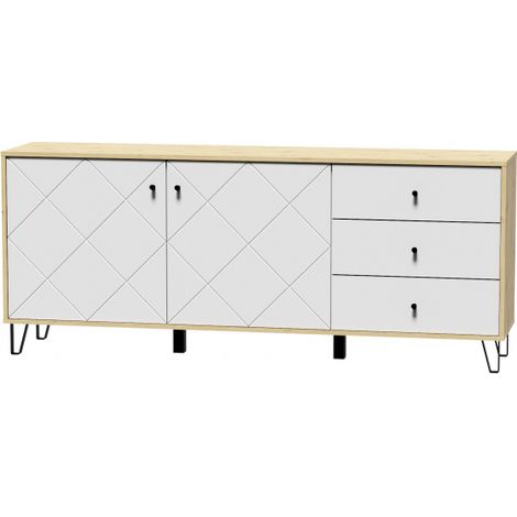 Bahut à 2 portes et 3 tiroirs BILBAO coloris chêne et blanc mat 183,4 cm (1/5)
