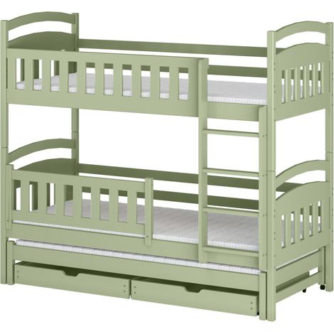 Lit superposé 3 places lanka 90x200 gigogne + tiroirs Vert olive (1/4)