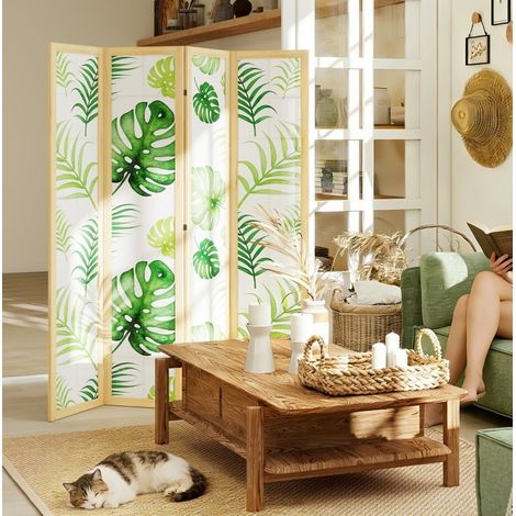 Paravent 160x1,8x170 cm en bois naturel, pliable gain de place pour bureau, FloraGrace (1/5)