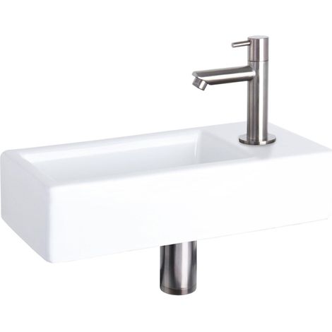 Differnz Hura kit lave-mains - 37,5x18,5x9cm - Rectangulaire - 1 trou de robinet - Robinet droit chromé mat - Céramique blanche (1/5)
