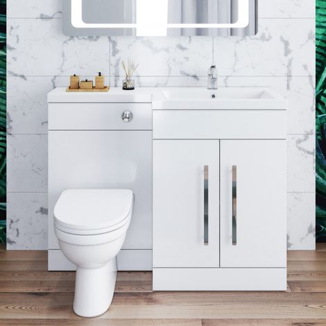 ELEGANT 1100mm L Shape Bathroom Vanity Sink Unit Storage,Right Hand High Gloss White Vanity unit + Basin + Ceramic D shaped Toilet with Concealed Cistern (1/5)