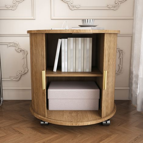 Tavolino laterale Mid Century 75x67x14 cm con stazione di ricarica, porta scorrevole, vano portaoggetti, MDF effetto rovere (1/5)