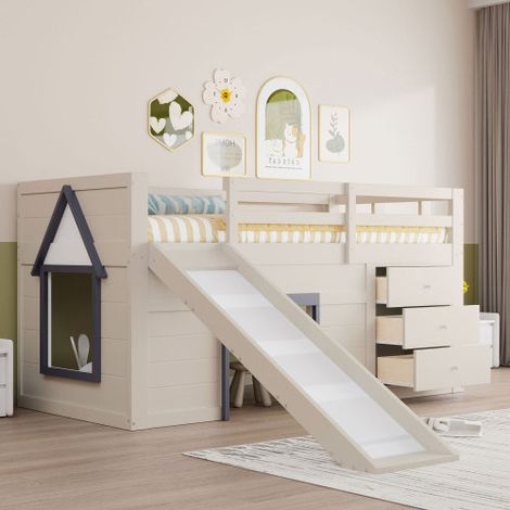 Cama altillo infantil de 90x200 cm, con tobogán, escalera, 3 cajones, base de láminas, sin colchón, crema (1/5)