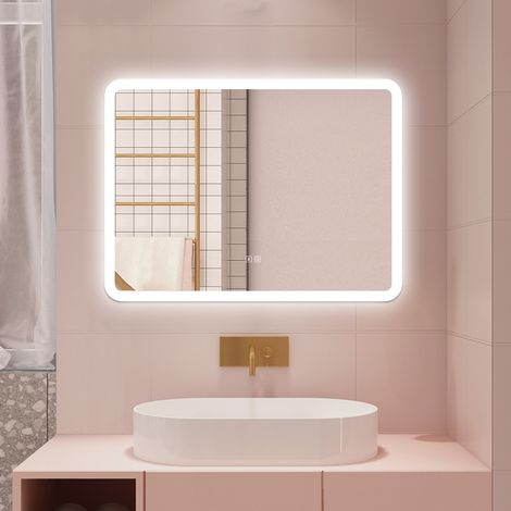 AICA 80 x 60 cm Specchio da bagno con LED,Rettangolo,Disappannamento,Touch,Memoria,Dimmerabile,Retroilluminato,Tre colori,bluetooth (1/5)