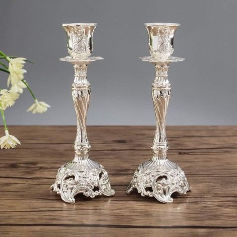 Set di portacandele per Shabbat, set di 2 eleganti portacandele in metallo argentato per candele affusolate di Shabbat. (1/5)