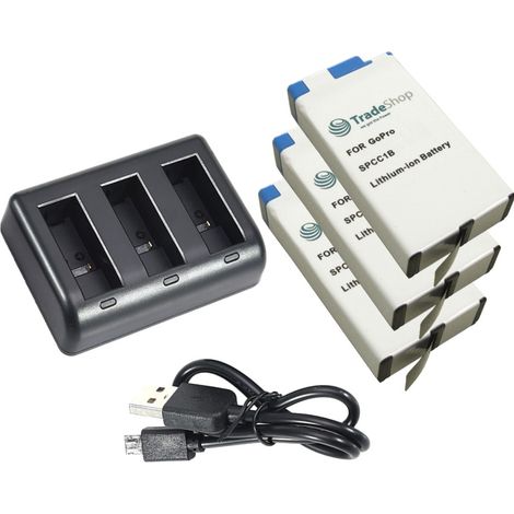 Set-Angebot: 3-fach Ladegerät + 3x Li-Ion Akku (3,85V / 1600mAh) für GoPro Max 360° 601-26762-000 SPCC1B+ (1/2)