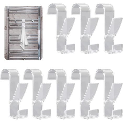 Set di 8 ganci per termosifone, in plastica ABS trasparente, con doppio design per portasciugamani da bagno. (1/5)