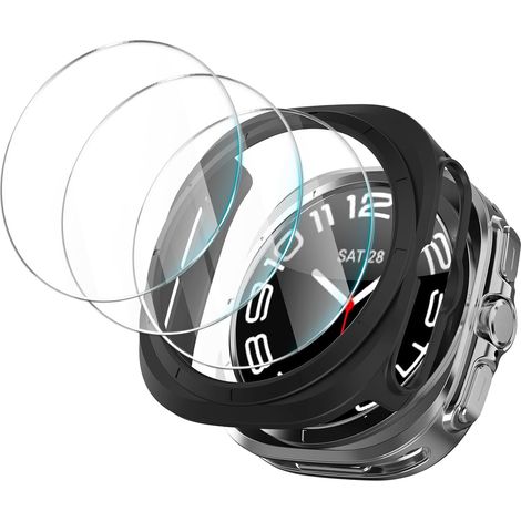 3+1 piezas para Samsung Galaxy Watch Ultra 7 de 47 mm: cristal templado + funda, 3 protectores de pantalla HD antiarañazos, 1 funda protectora a prueba de golpes con borde hueco, película protectora s