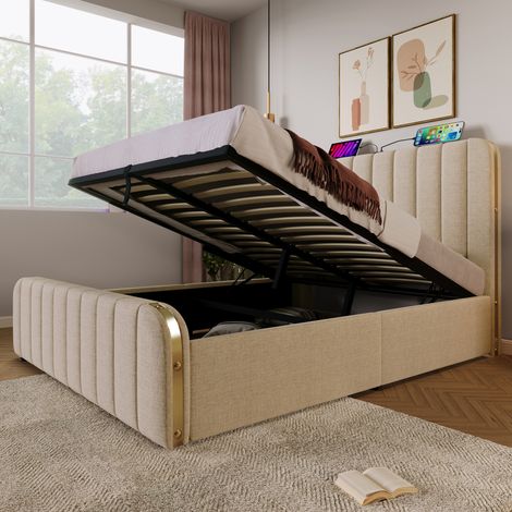 DESMIU Lit Coffre Lit Double avec USB, Type-C et Tête de Lit Rembourrée 140 × 200 cm, Matelas Inclus, Beige (1/5)