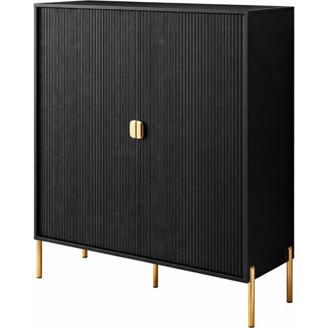 Credenza Mobile Contenitore 2 Ante Cannettate E Piedini Oro Madia Moderna con Ripiani Interni E Chiusura Soft Close Per Soggiorno Salotto E Ingresso 103.6 x 124 x 39.6 Cm Nero - Colore: Nero (1/5)