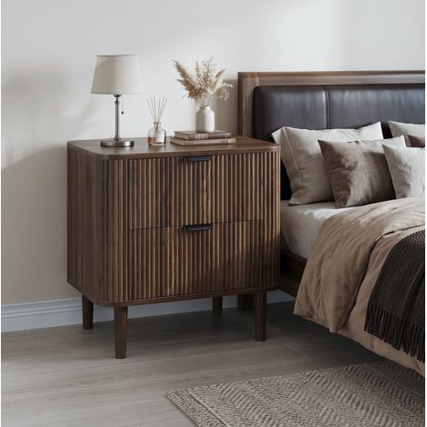Table de chevet 57x40x57 cm en MDF, coloris noyer, 2 tiroirs pour rangement chambre – MEUBLIV (1/5)
