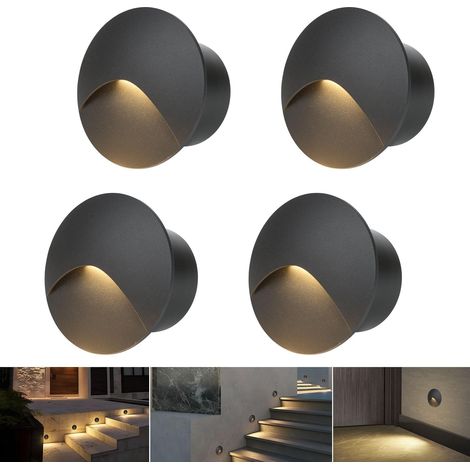 Applique murale 4 LED Blanc chaud 3000K Aluminium Lumière d'escalier 230V Rond Spot encastré 3W IP44 Etanche Intérieur Extérieur Noir Lumière de marche, avec boîte d'encastrement