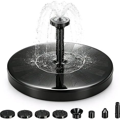 Fontaine solaire (noire) pour bain d'oiseaux avec 6 buses, fontaine solaire pour bain d'oiseaux pour jardin, bassin, piscine et décoration extérieure (16 cm) (1/5)