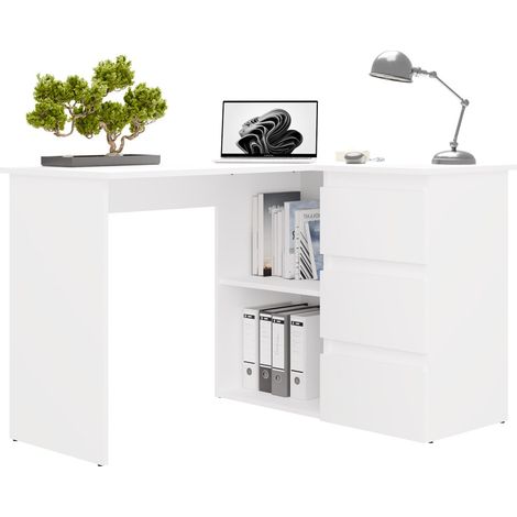 NICEA - Escritorio de esquina con almacenaje - 3 cajones + 2 estantes - 120x48,5x75 cm - Escritorio para ordenador - BLANCO (1/5)