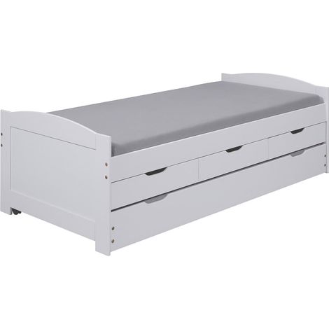 Altobuy – Lit gigogne 90x190cm en pin massif laqué blanc – 3 tiroirs de rangement – Structure robuste avec lattes en bois massif
