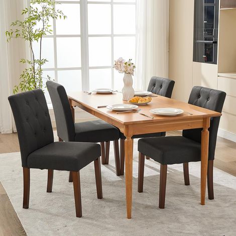 Lot de 4 chaises à manger noires rembourrées tissu effet lin dossier capitoné, pieds bois cuisine salle à manger bureau (1/5)