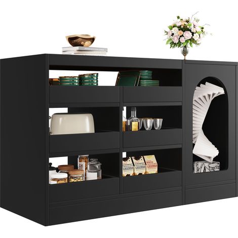 Sideboard mit 6 Schubladen und LED, aus MDF, Schwarz, für Wohnzimmer Esszimmer oder Schlafzimmer, 120 x 40 x 75 cm