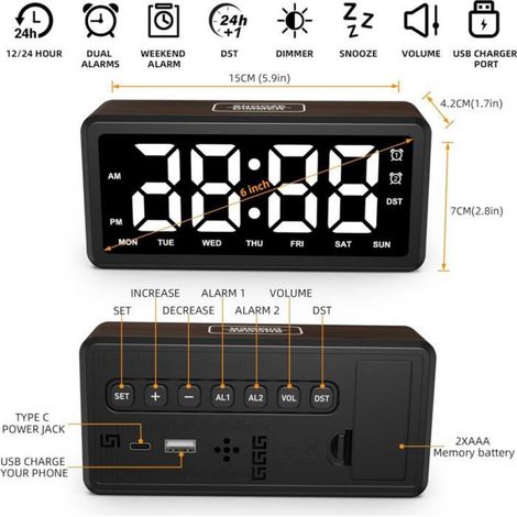 Réveil Numérique - Écran LED Réglable - Double Alarme - Mode Semaine/Week-End - Port USB - Alimentation Secteur + Pile Secours - Marron (1/5)