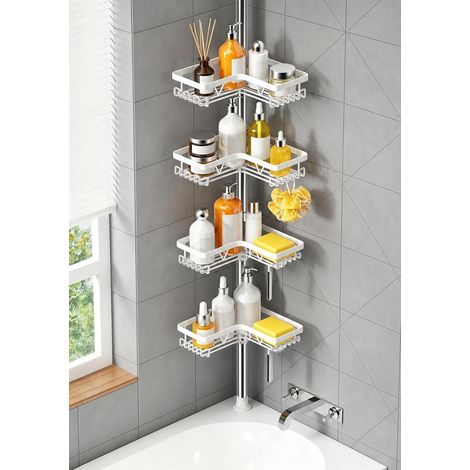 Étagère de Douche 4 Étages Blanc Brillant - Support Télescopique 63.5-290 cm Sans Percage, Organisateur de Salle de Bain avec Paniers à Crochets, Porte-Savon et Rasoir (1/5)