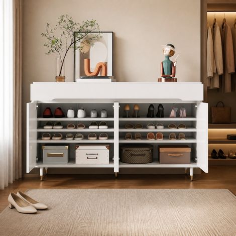 Meuble à chaussures 140x39x84 cm, 2 portes, 2 tiroirs, blanc et doré, panneaux de bois, FloraGrace (1/5)