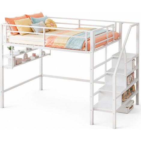 Letto a soppalco 140x200 cm con scaffali, scala contenitore, spazio gioco sotto il letto, sponde di sicurezza, struttura in metallo bianco senza materasso CHICFURN (1/5)