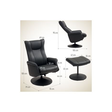 Fauteuil relax noir en similicuir avec pouf, pivotant à 360 , dossier inclinable et charge 150 kg pour salon et espace TV (1/5)