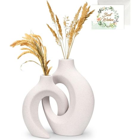 Vase Céramique Design, Lot de 2 - Blanc pour Pampa et Fleurs Séchées - Décoration De Table Moderne pour Maison, Fête, Centre De Table De Mariage (1/5)