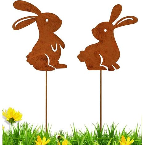 2 coniglietti pasquali arrugginiti, coniglietti pasquali da esterno, decorazione da giardino in metallo a forma di coniglietto pasquale per ornamenti da giardino, decorazione per esterni (ruggine) (1/5)