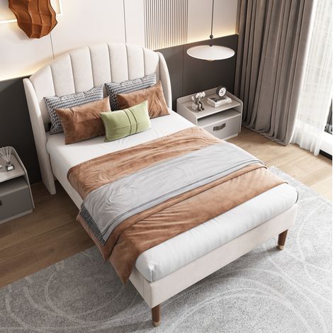 Cama Tapizada 90x200 Cm Somier Lamas Cabecero Tela Beige (1/5)