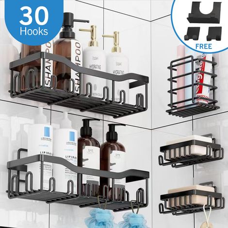 GARRYFIZH Etagère de Salle de Bain sans Perçage - 4 PCS Porte Shampoing Gel Douche Angle Antirouille - Etagère de Rangement pour Salle de Bain de Grande Capacité (Lot de 4 Carrés Noir) (1/5)