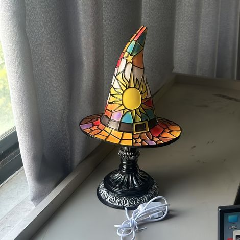Lampe chapeau de sorcière LED peinte à la main - Décoration d'Halloween alimentée par USB avec effet lumineux, décoration de table gothique vintage pour (1/5)