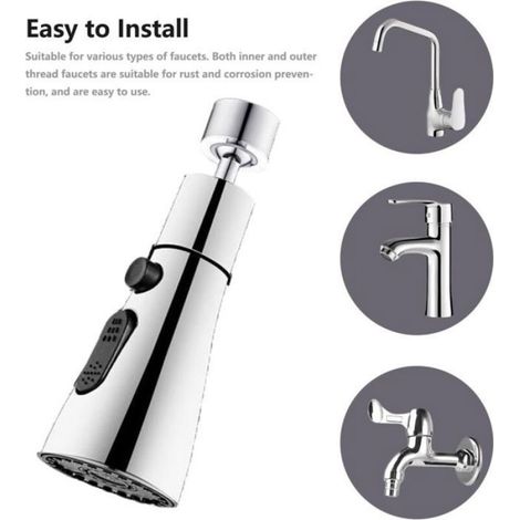 Douchette Evier - 3 Modes Jet - Rotation 360°x2 - Embout Universel En Laiton - Pour Robinets Cuisine - 1 Pièce (1/5)