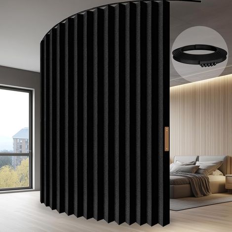 Séparateur de pièce avec rideau à rail, protection - Design accordéon unique, aspect épuré pour chambre, garde-robe (Noir-L213 x H457 cm) pack de 1