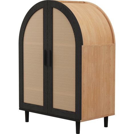 Aparador zapatero con puertas de ratán y 3 estantes, negro y madera (1/5)
