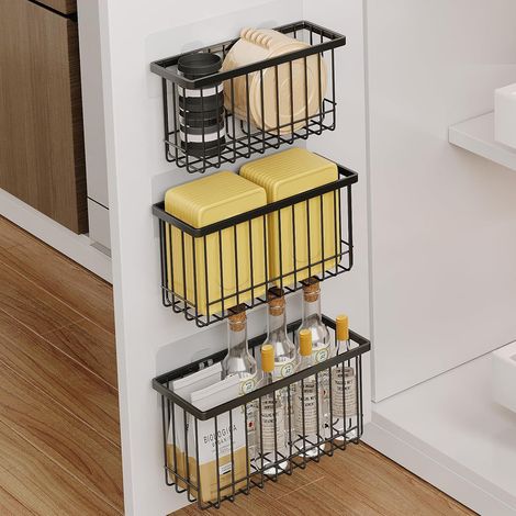 3 Piece Kitchen Storage and Organisation, Kitchen Cupboard Storage Shelf for Cabinet Doors Wall Organizer Wall Stickers Holder Lunch Box Lid (Black) (1/5)