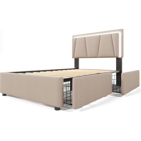 Cama individual tapizada 90x200 cm con LED, 2 cajones y cabecero ajustable, beige (1/5)