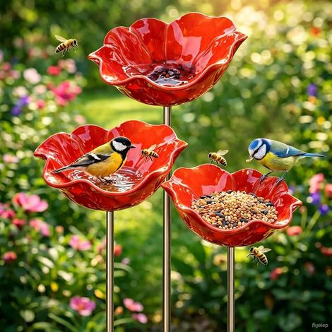 Lot de 3 mangeoires pour oiseaux, bain pour oiseaux en métal, abreuvoir à insectes, fleurs pour le jardin, abreuvoir pour les abeilles, pour pelouse (D-3 pièces, rouge) (1/5)
