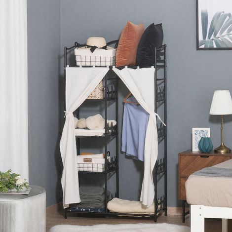 Armoire Chambre adulte Penderie Vêtement Dressing Multi Rangements 5 étagères 84L x 42l x 159H cm métal 2 Rideaux Noir Blanc