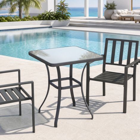 Tavolo da giardino quadrato in vetro temperato nero 68,5 x 68,5 x 84 cm OKWISH (1/5)