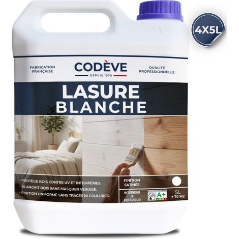 Codève Bois – Lasure blanche satinée 4x5 L – Protection durable pour bois extérieur – Séchage rapide – Résistante aux UV et à l'humidité
