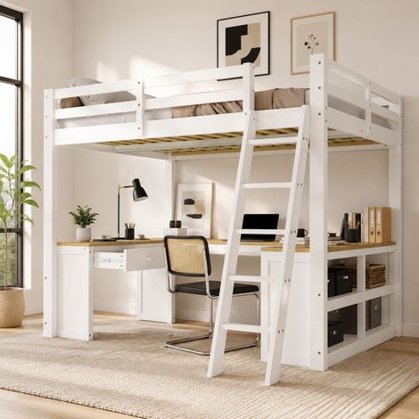 DESMIU Lit mezzanine enfant 140 × 200 cm 1 place avec bureau en U, 2 tiroirs, étagère, sans matelas, blanc et naturel (1/5)